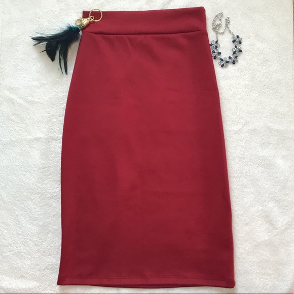 Burgundy Red High Waist Bodycon Pencil Skirt - Picture 2 of 5